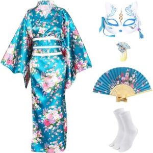 GEORET386 Japanese Costume Cosplay Halloween Blue Cherry Blossoms